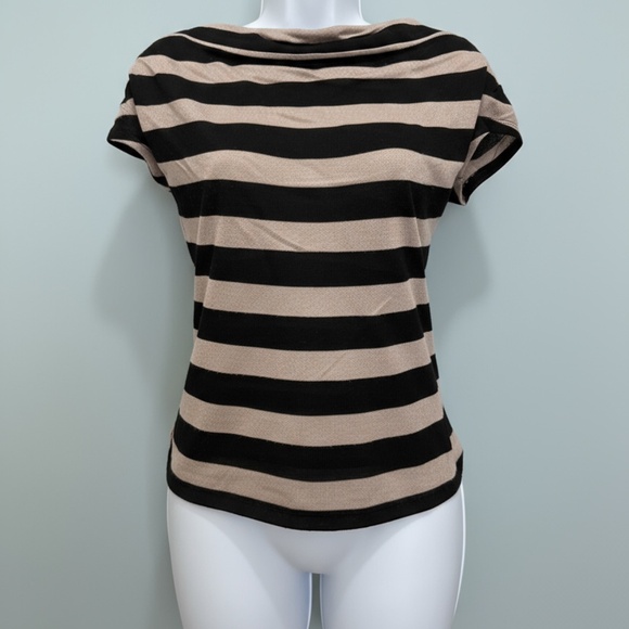 INC International Concepts Boatneck Stripe Tee Black/Taupe (M) - Picture 1 of 7